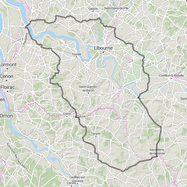 Map miniature of "A Challenging Ride through Lalande-de-Pomerol" cycling inspiration in Aquitaine, France. Generated by Tarmacs.app cycling route planner