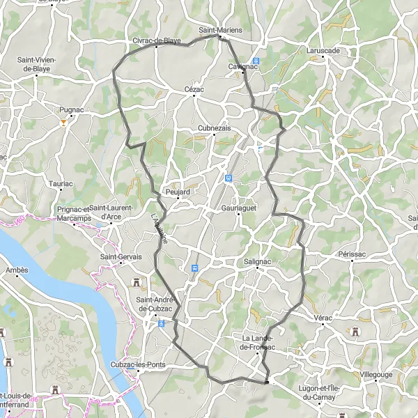 Miniatua del mapa de inspiración ciclista "Ruta pintoresca y tranquila en Aquitania" en Aquitaine, France. Generado por Tarmacs.app planificador de rutas ciclistas