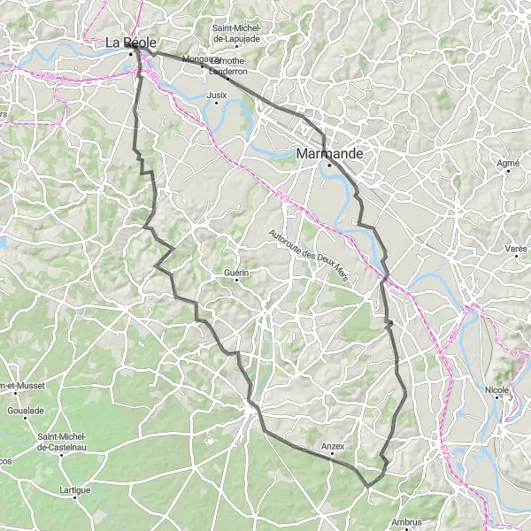 Miniatua del mapa de inspiración ciclista "Ruta desde La Réole a Romestaing y vuelta" en Aquitaine, France. Generado por Tarmacs.app planificador de rutas ciclistas
