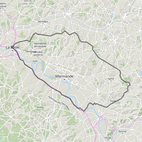 Map miniature of "Villages and Scenic Pathways" cycling inspiration in Aquitaine, France. Generated by Tarmacs.app cycling route planner