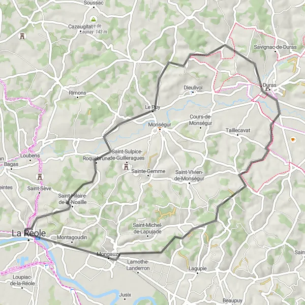 Miniature de la carte de l'inspiration cycliste "Parcours pittoresque de La Réole à Montagoudin" dans la Aquitaine, France. Générée par le planificateur d'itinéraire cycliste Tarmacs.app