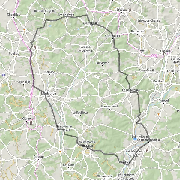 Miniature de la carte de l'inspiration cycliste "La Boucle de la Dronne" dans la Aquitaine, France. Générée par le planificateur d'itinéraire cycliste Tarmacs.app