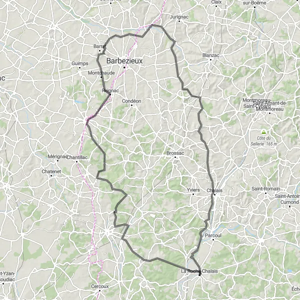 Miniatua del mapa de inspiración ciclista "Gran desafío de 124 km en La Roche-Chalais" en Aquitaine, France. Generado por Tarmacs.app planificador de rutas ciclistas
