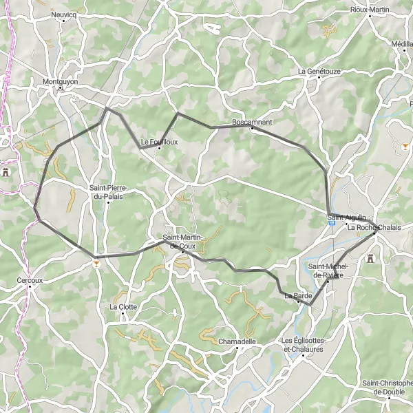 Map miniature of "Saint-Martin-de-Coux and Le Fouilloux Loop" cycling inspiration in Aquitaine, France. Generated by Tarmacs.app cycling route planner