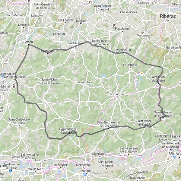 Map miniature of "Saint-Aulaye and Saint-André-de-Double Trail" cycling inspiration in Aquitaine, France. Generated by Tarmacs.app cycling route planner