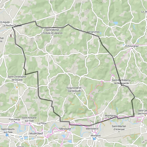 Map miniature of "Servanches and Château de la Valouze Scenic Ride" cycling inspiration in Aquitaine, France. Generated by Tarmacs.app cycling route planner