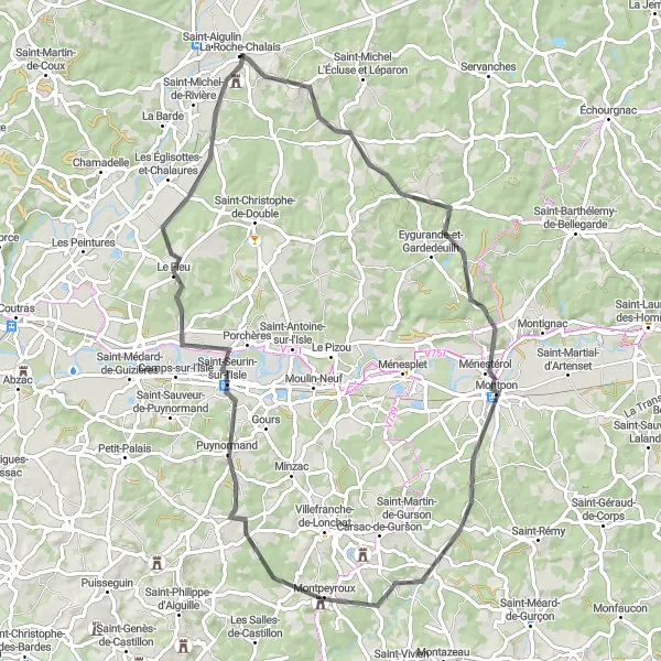 Miniature de la carte de l'inspiration cycliste "Tour de Gardedeuil et Château de la Valouze" dans la Aquitaine, France. Générée par le planificateur d'itinéraire cycliste Tarmacs.app