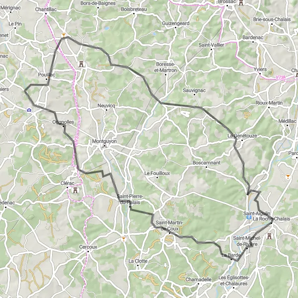 Miniatua del mapa de inspiración ciclista "Reto de 76 km en bicicleta por Aquitania" en Aquitaine, France. Generado por Tarmacs.app planificador de rutas ciclistas
