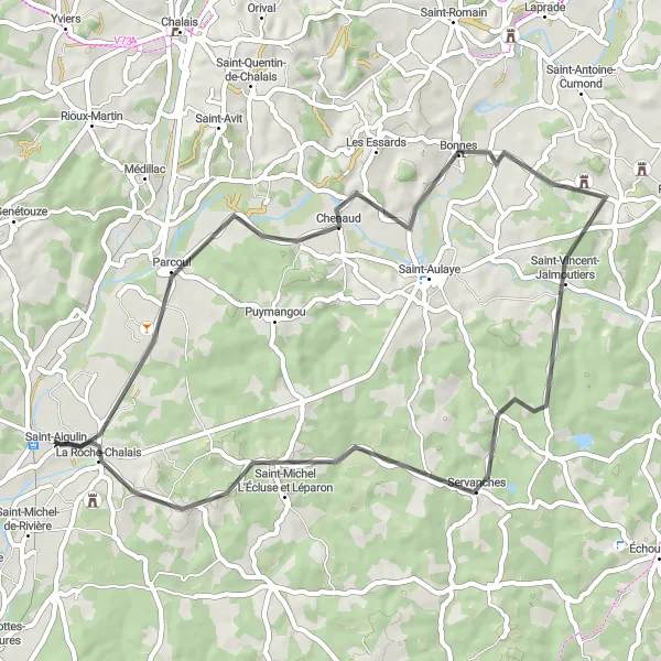 Miniatua del mapa de inspiración ciclista "Ruta de La Roche-Chalais a Saint-Aigulin" en Aquitaine, France. Generado por Tarmacs.app planificador de rutas ciclistas