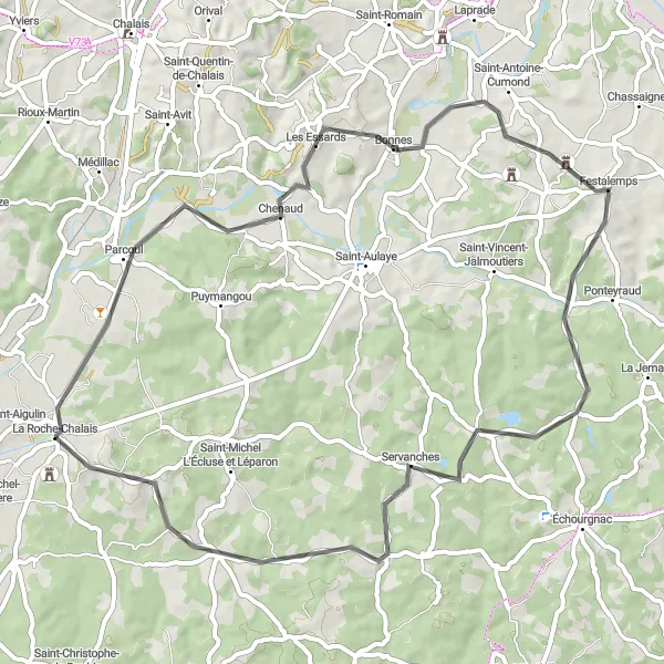 Map miniature of "Serenity Cycle near La Roche-Chalais" cycling inspiration in Aquitaine, France. Generated by Tarmacs.app cycling route planner