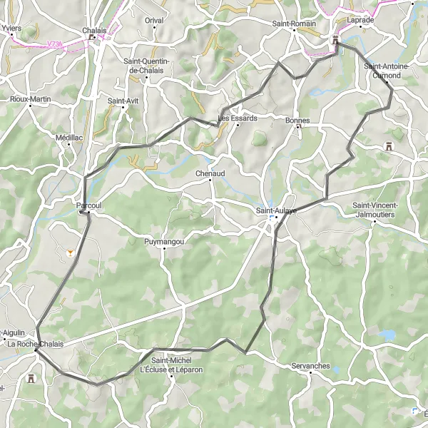 Miniature de la carte de l'inspiration cycliste "Boucle à vélo de route autour de La Roche-Chalais" dans la Aquitaine, France. Générée par le planificateur d'itinéraire cycliste Tarmacs.app