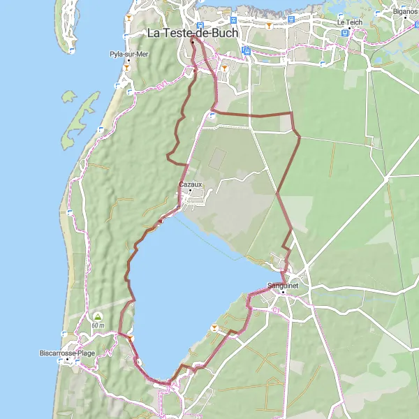 Miniatua del mapa de inspiración ciclista "Ruta en bici de gravel por los lagos de Aquitania" en Aquitaine, France. Generado por Tarmacs.app planificador de rutas ciclistas