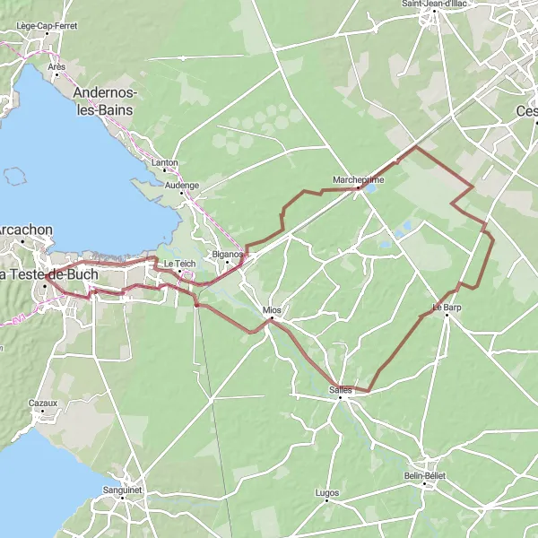 Miniatua del mapa de inspiración ciclista "Ruta de Ciclismo en Grava por la Costa de Aquitania" en Aquitaine, France. Generado por Tarmacs.app planificador de rutas ciclistas
