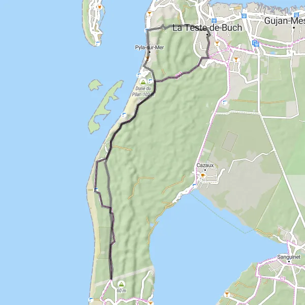 Map miniature of "Dune of Pilat Circuit" cycling inspiration in Aquitaine, France. Generated by Tarmacs.app cycling route planner