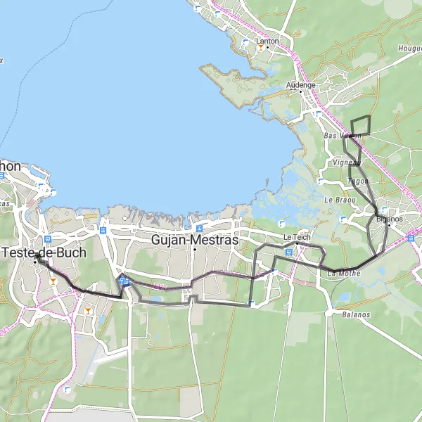 Miniatua del mapa de inspiración ciclista "Ruta de ciclismo en carretera por La Teste-de-Buch" en Aquitaine, France. Generado por Tarmacs.app planificador de rutas ciclistas