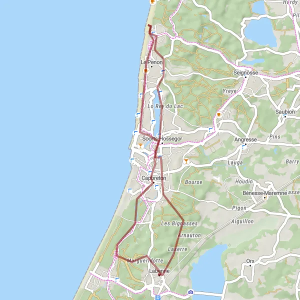 Map miniature of "Off-Road Adventure to Lac d'Hossegor" cycling inspiration in Aquitaine, France. Generated by Tarmacs.app cycling route planner