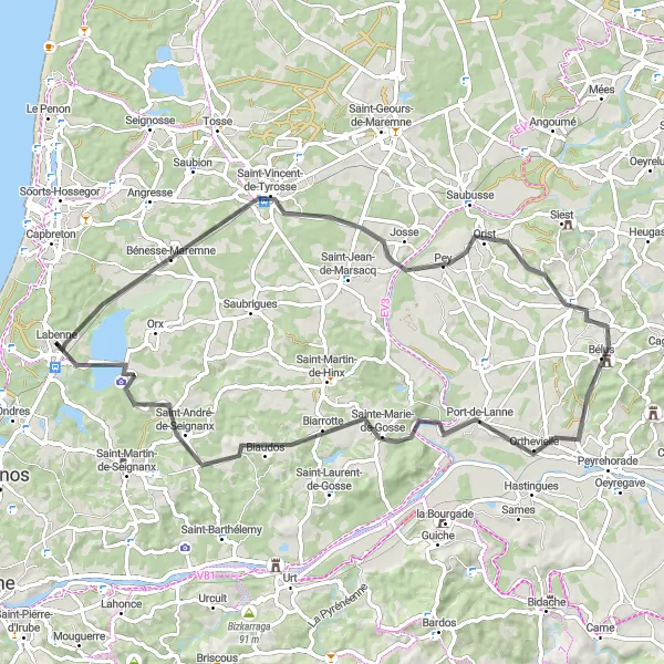 Miniatua del mapa de inspiración ciclista "Exploración en Carretera por Saint-André-de-Seignanx" en Aquitaine, France. Generado por Tarmacs.app planificador de rutas ciclistas