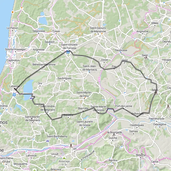 Miniature de la carte de l'inspiration cycliste "Boucle cyclable vers Sainte-Marie-de-Gosse par Saint-André-de-Seignanx" dans la Aquitaine, France. Générée par le planificateur d'itinéraire cycliste Tarmacs.app