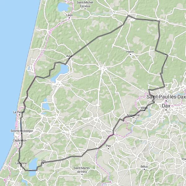 Miniature de la carte de l'inspiration cycliste "Le circuit de Soorts-Hossegor à Boudigau" dans la Aquitaine, France. Générée par le planificateur d'itinéraire cycliste Tarmacs.app