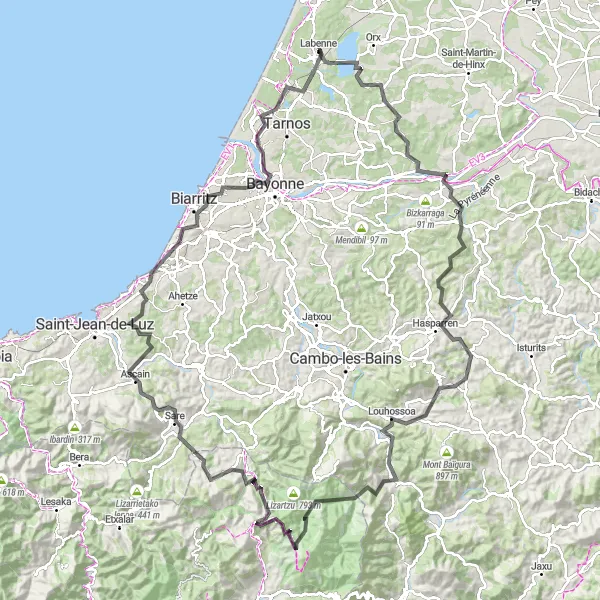 Map miniature of "Labenne to Sare Epic Adventure" cycling inspiration in Aquitaine, France. Generated by Tarmacs.app cycling route planner