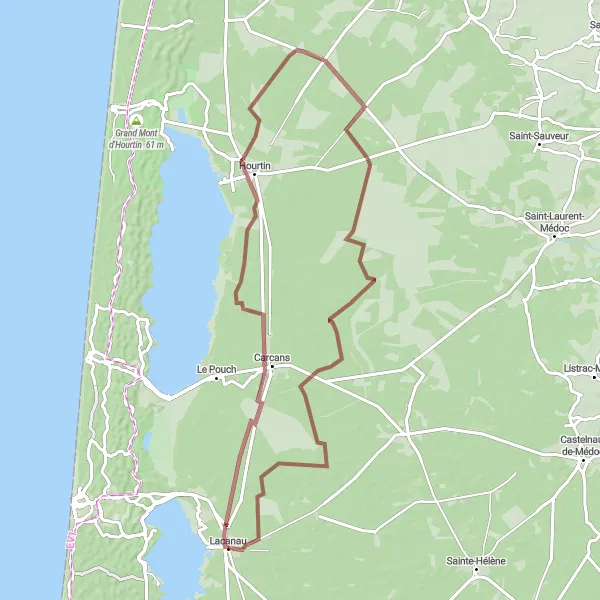 Map miniature of "Exploring Carcans, Naujac-sur-Mer, Couyras, and Narsot on Gravel Paths" cycling inspiration in Aquitaine, France. Generated by Tarmacs.app cycling route planner