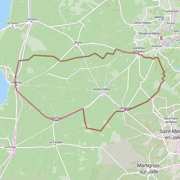 Miniature de la carte de l'inspiration cycliste "Parcours tout-terrain de Castelnau-de-Médoc à Saumos" dans la Aquitaine, France. Générée par le planificateur d'itinéraire cycliste Tarmacs.app