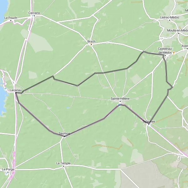 Map miniature of "Lacanau to Castelnau-de-Médoc" cycling inspiration in Aquitaine, France. Generated by Tarmacs.app cycling route planner