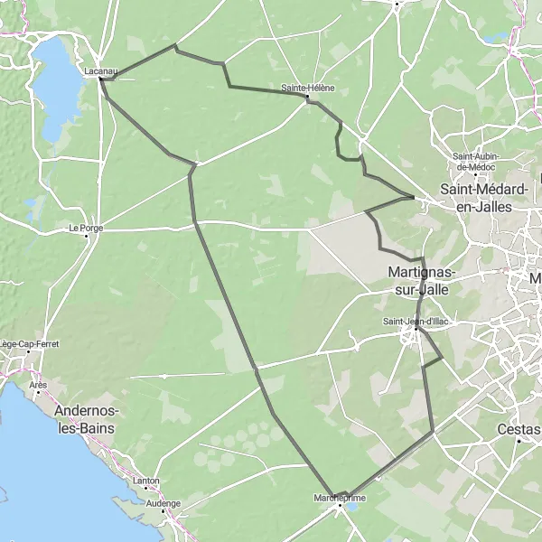 Miniatua del mapa de inspiración ciclista "Ruta por carretera desde Lacanau" en Aquitaine, France. Generado por Tarmacs.app planificador de rutas ciclistas