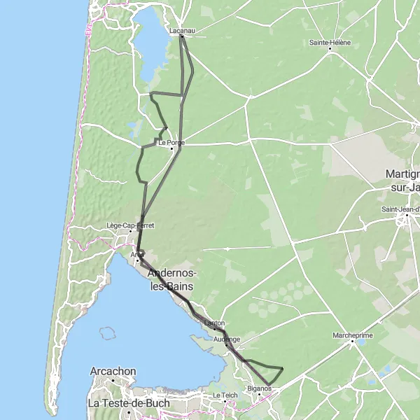 Map miniature of "Road Cycling Paradise: Arès, Cassy, Audenge, Le Bétey, Cité Ouvrière, and Lacanau" cycling inspiration in Aquitaine, France. Generated by Tarmacs.app cycling route planner