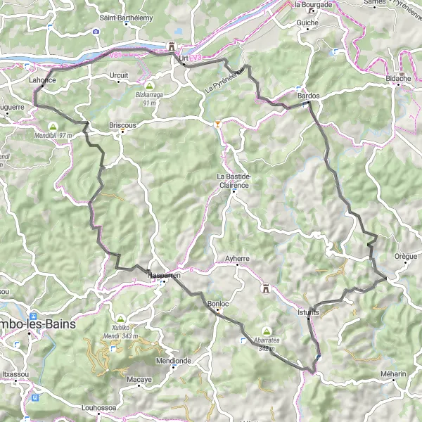 Miniature de la carte de l'inspiration cycliste "Boucle à travers les villages du Pays Basque" dans la Aquitaine, France. Générée par le planificateur d'itinéraire cycliste Tarmacs.app