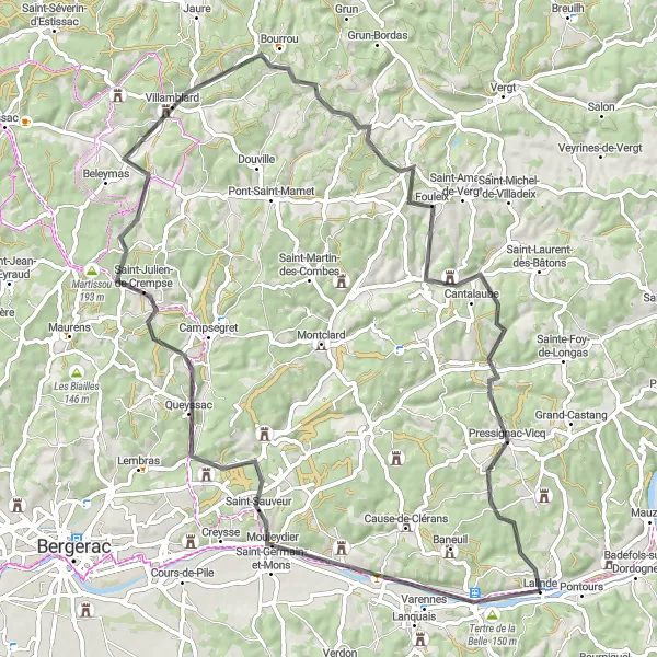 Miniature de la carte de l'inspiration cycliste "La Boucle des Bastides et Châteaux" dans la Aquitaine, France. Générée par le planificateur d'itinéraire cycliste Tarmacs.app