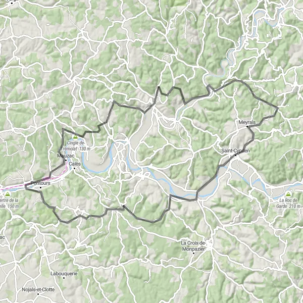 Map miniature of "Conquering the Hills of Dordogne" cycling inspiration in Aquitaine, France. Generated by Tarmacs.app cycling route planner