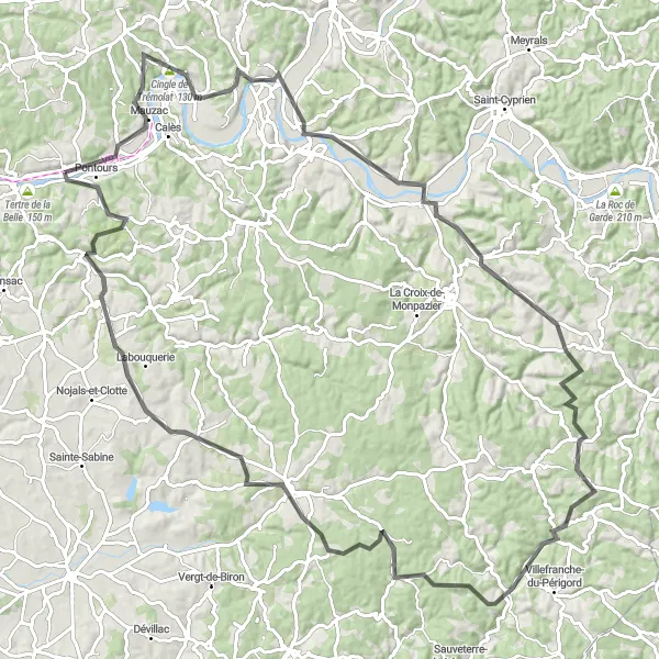 Map miniature of "The Trémolat Adventure" cycling inspiration in Aquitaine, France. Generated by Tarmacs.app cycling route planner