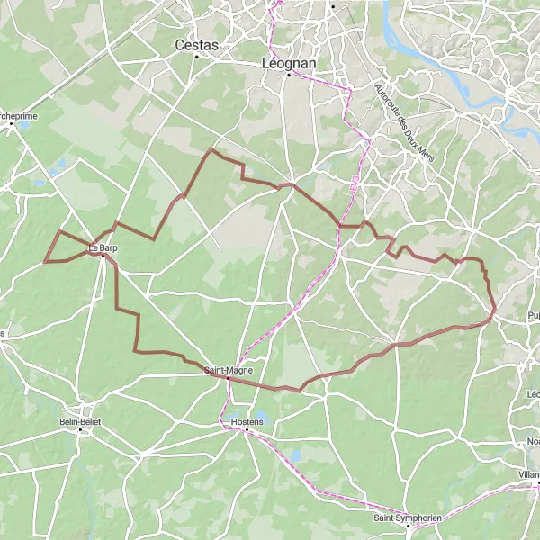 Map miniature of "Hidden Gems of Gironde Gravel Adventure" cycling inspiration in Aquitaine, France. Generated by Tarmacs.app cycling route planner