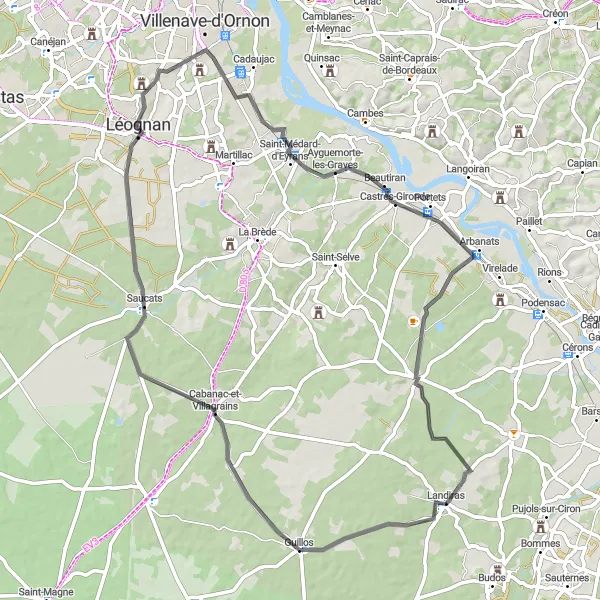 Map miniature of "Landiras to Ayguemorte-les-Graves" cycling inspiration in Aquitaine, France. Generated by Tarmacs.app cycling route planner