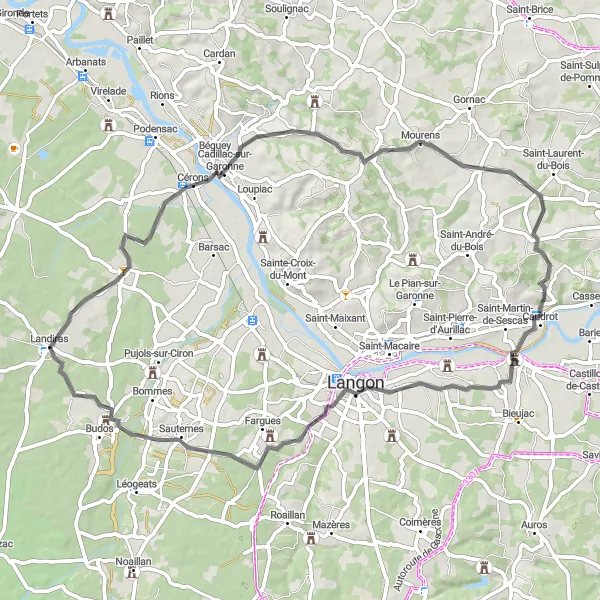 Miniatua del mapa de inspiración ciclista "Ruta histórica por pueblos franceses" en Aquitaine, France. Generado por Tarmacs.app planificador de rutas ciclistas