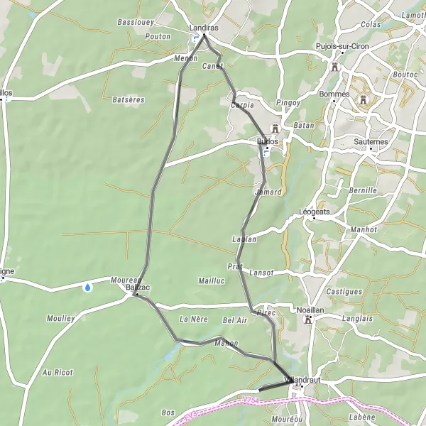 Map miniature of "Landiras Heritage Loop" cycling inspiration in Aquitaine, France. Generated by Tarmacs.app cycling route planner