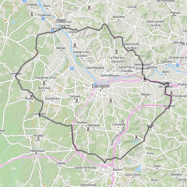 Map miniature of "Landiras to Léogeats" cycling inspiration in Aquitaine, France. Generated by Tarmacs.app cycling route planner