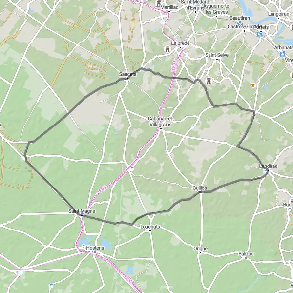 Map miniature of "Landiras to Saucats" cycling inspiration in Aquitaine, France. Generated by Tarmacs.app cycling route planner