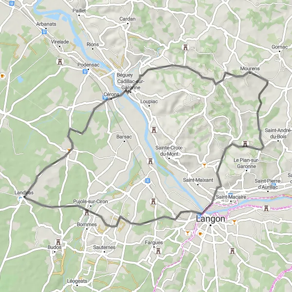 Miniature de la carte de l'inspiration cycliste "Les routes sinueuses de l'Aquitaine" dans la Aquitaine, France. Générée par le planificateur d'itinéraire cycliste Tarmacs.app