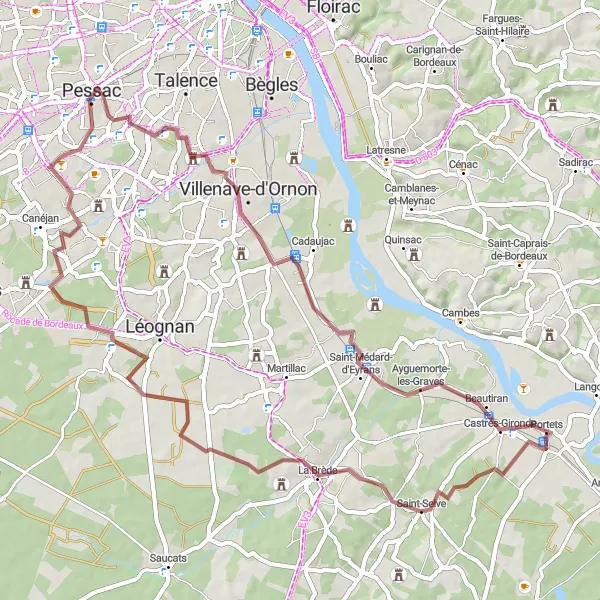 Map miniature of "Gravelto Ayguemorte-les-Graves" cycling inspiration in Aquitaine, France. Generated by Tarmacs.app cycling route planner