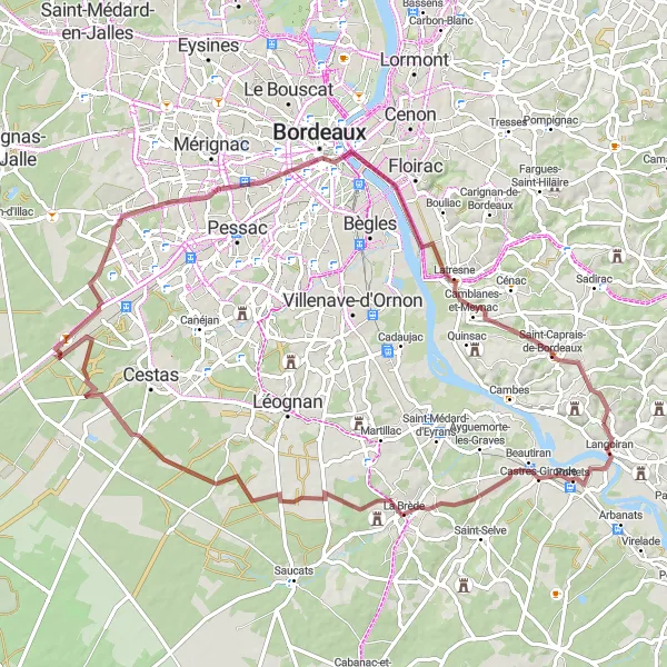 Miniature de la carte de l'inspiration cycliste "Parcours en gravel autour de Langoiran" dans la Aquitaine, France. Générée par le planificateur d'itinéraire cycliste Tarmacs.app