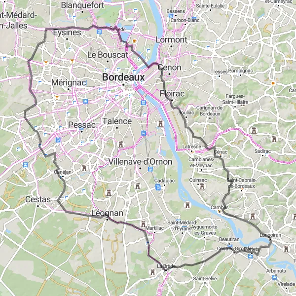 Map miniature of "Roads of Beauty" cycling inspiration in Aquitaine, France. Generated by Tarmacs.app cycling route planner