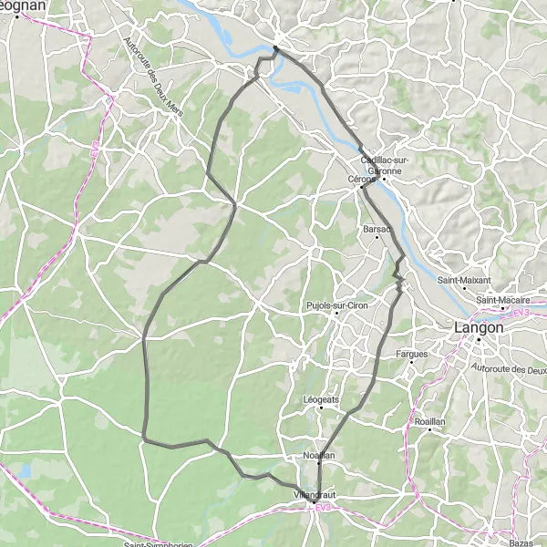 Miniatua del mapa de inspiración ciclista "Viaje en carretera a través de Le chene y Langoiran" en Aquitaine, France. Generado por Tarmacs.app planificador de rutas ciclistas