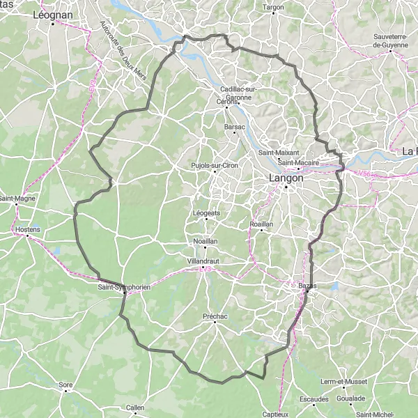 Miniature de la carte de l'inspiration cycliste "Les Bastides et Châteaux de l'Entre-Deux-Mers" dans la Aquitaine, France. Générée par le planificateur d'itinéraire cycliste Tarmacs.app