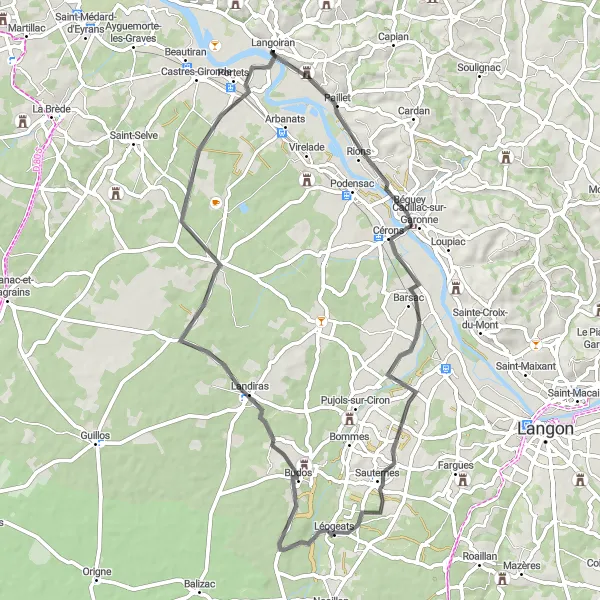 Map miniature of "Road to Langoiran" cycling inspiration in Aquitaine, France. Generated by Tarmacs.app cycling route planner