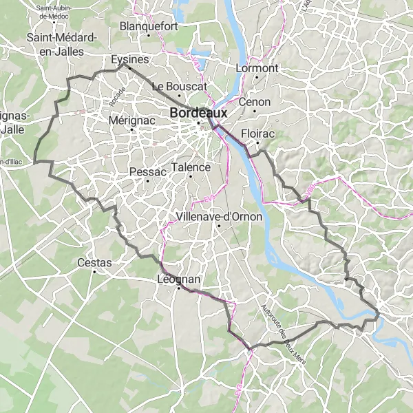 Map miniature of "Road to Le Tourne" cycling inspiration in Aquitaine, France. Generated by Tarmacs.app cycling route planner