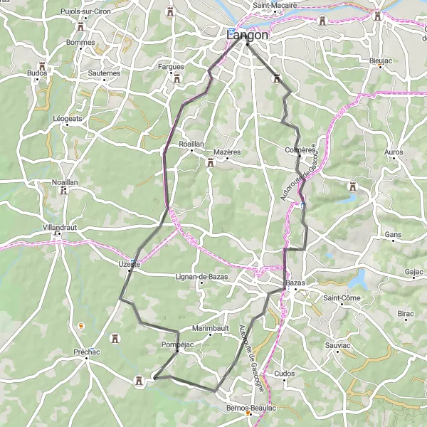 Miniatua del mapa de inspiración ciclista "Ruta de ciclismo de carretera desde Langon" en Aquitaine, France. Generado por Tarmacs.app planificador de rutas ciclistas