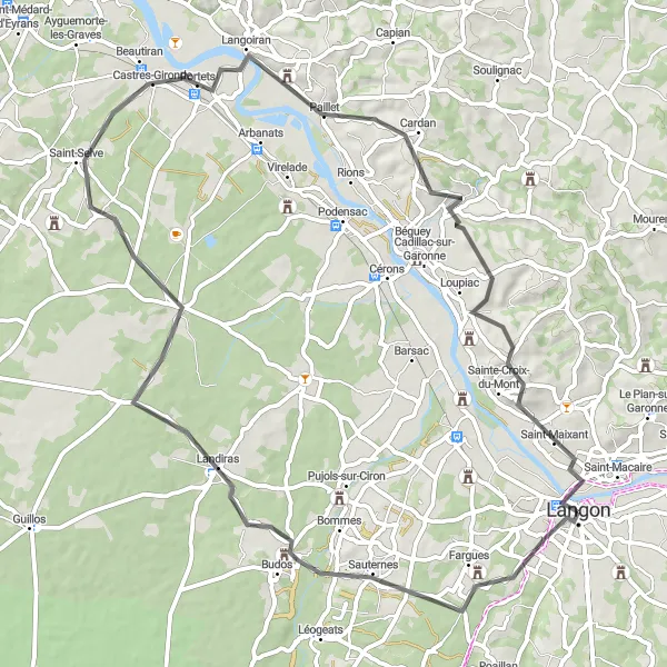 Miniature de la carte de l'inspiration cycliste "Parcours viticole et paysages variés" dans la Aquitaine, France. Générée par le planificateur d'itinéraire cycliste Tarmacs.app