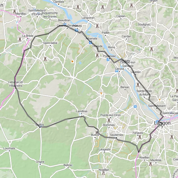 Miniatua del mapa de inspiración ciclista "Ruta de Ciclismo por las Viñas de Burdeos" en Aquitaine, France. Generado por Tarmacs.app planificador de rutas ciclistas